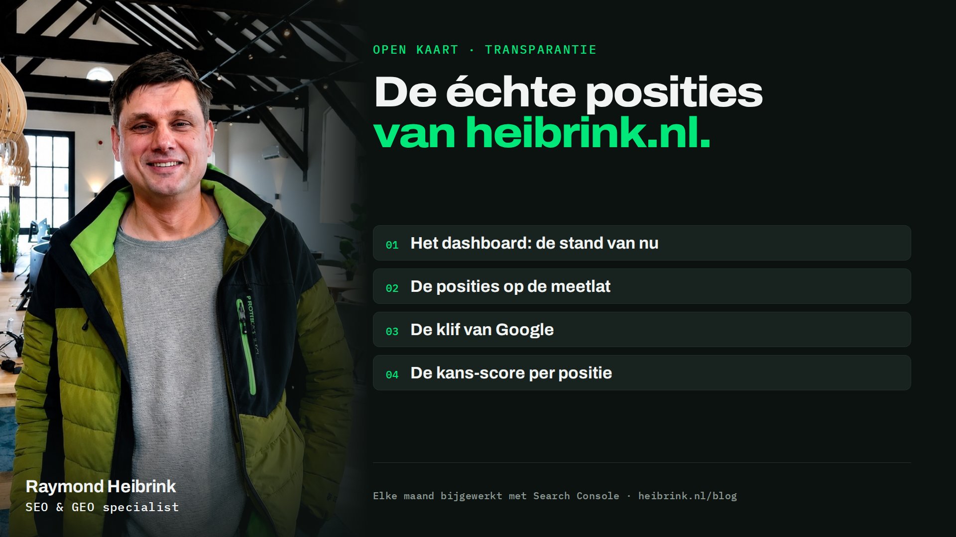 Raymond Heibrink bij het artikel: De échte posities van heibrink.nl. Onderwerpen: Het dashboard: de stand van nu, De posities op de meetlat, De klif van Google, De kans-score per positie.