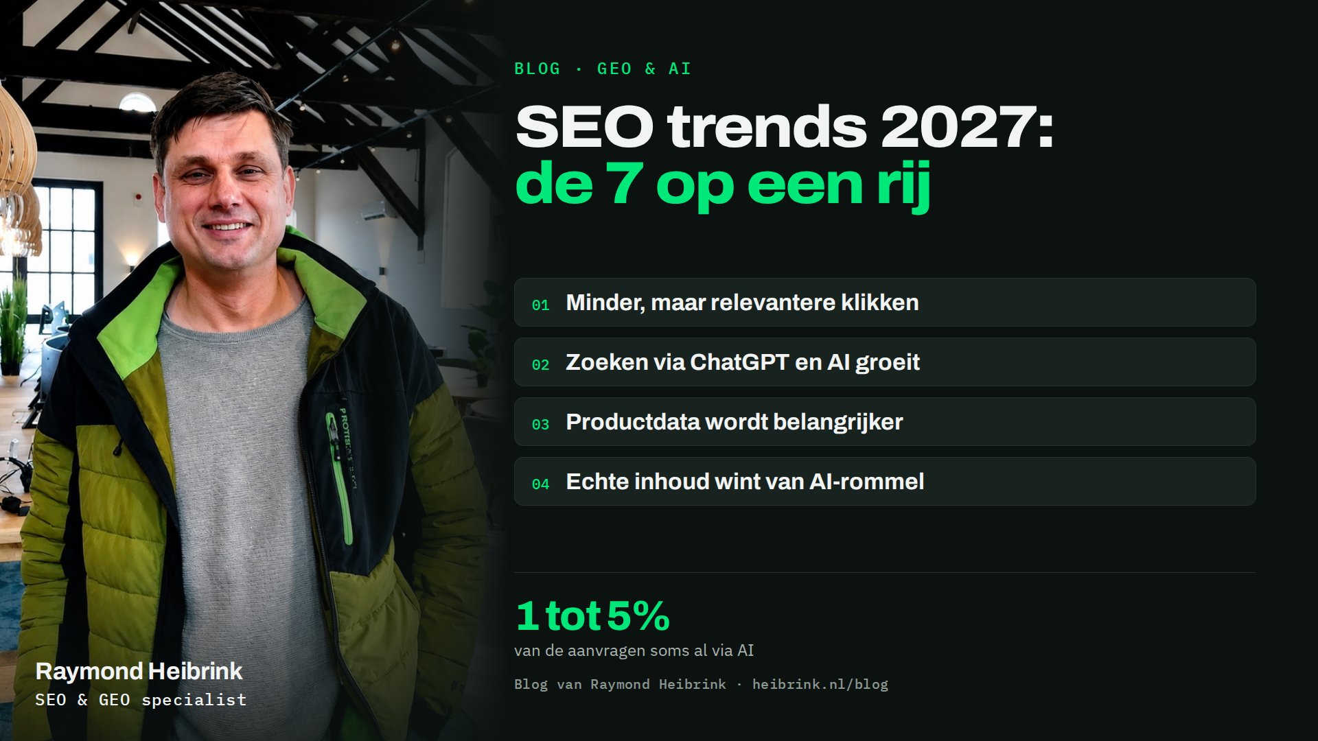 Raymond Heibrink bij het artikel: SEO trends 2027. Minder maar relevantere klikken, zoeken via AI, productdata en echte inhoud.