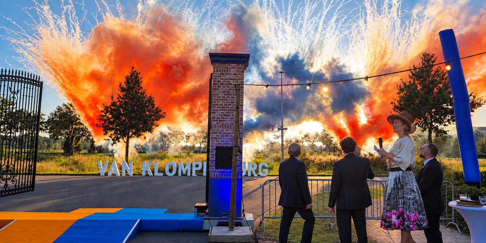 Vuurwerk in oranje en blauw bij een feestelijk moment van klant Van Klompenburg